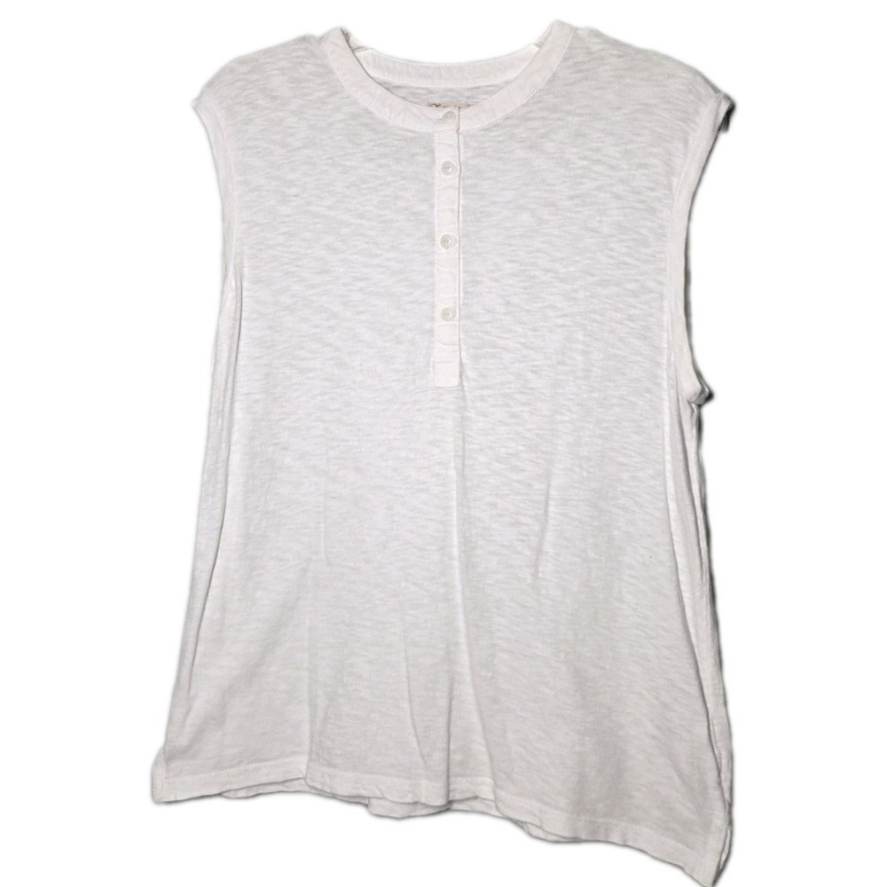Faherty Shirt Women's S White Organic Cotton  Linen Knit Henley Tunic Sleeveless